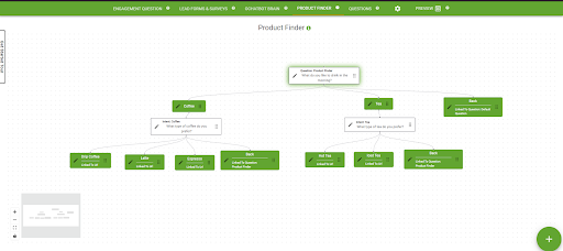 A screenshot of the Ochatbot builder. The builder displays the Product Finder